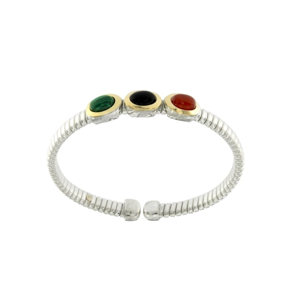 silver-bracelet-bracciale-a-molla-in-argento-925-con-testine-in-oro-18ct-con-malachite-onice-e-corniola-BRT027-sconto-discount-1