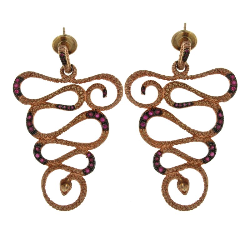 E7474 Silver earring orecchini serpenti in argento 925 placato oro rosa e rubini
