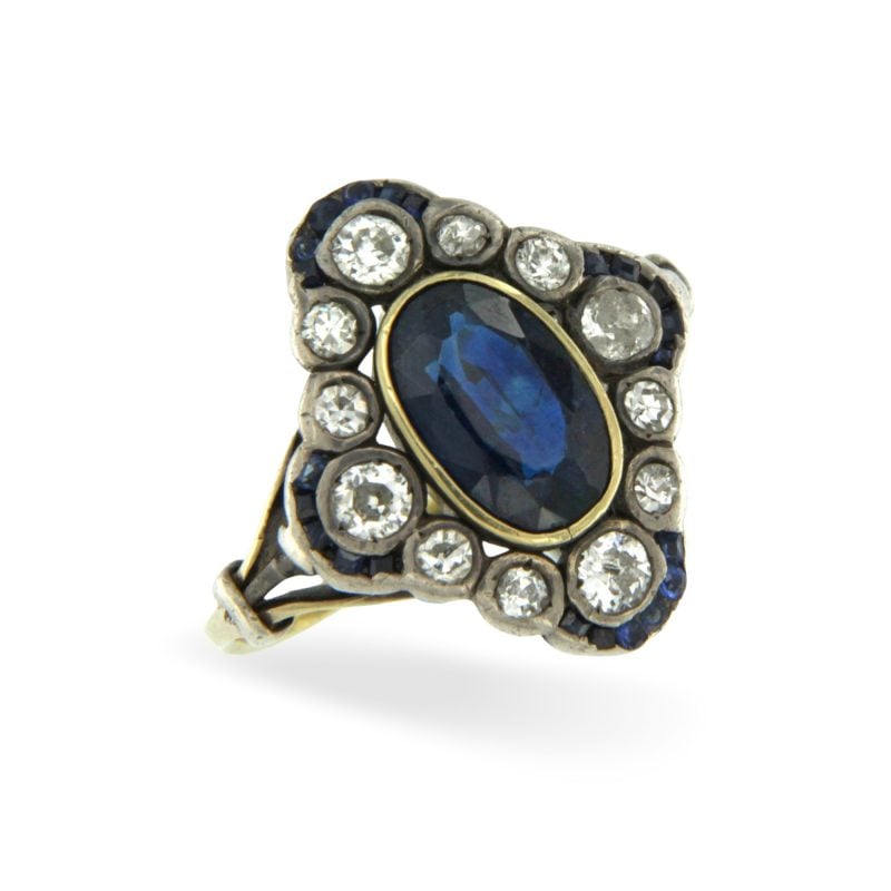 Anello in oro giallo e argento con diamanti taglio vecchio e zaffiro blu ancient ring sapphire diamonds sconto discount