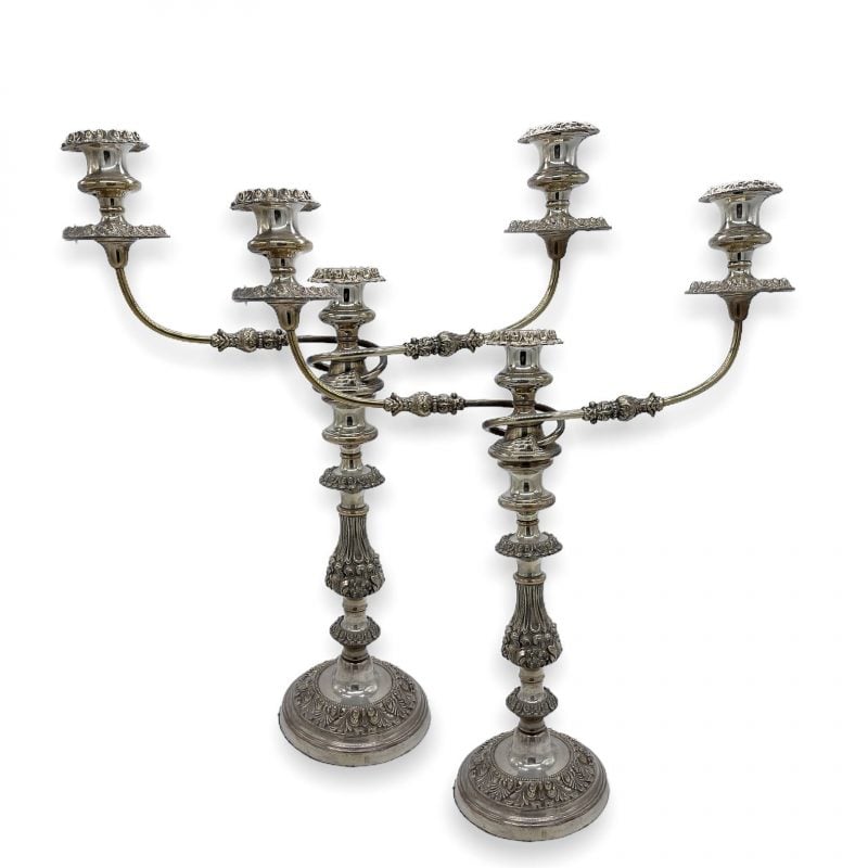 coppia candelabri 3 fiamme in silver plated pair of 3 flames silver plated candelabra, england second half 1800,height antichi sconto discount