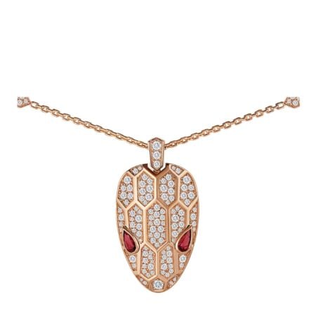 Rose gold pendant Bvlgari necklace set rubellite eyes and pavé diamonds chain and head