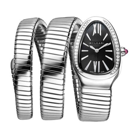 Serpenti Tubogas Watch stainless steel crown set with a cabochon-cut rubellite
