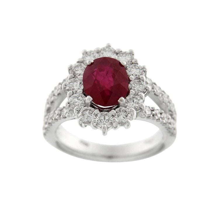 Anello Stars in oro bianco a gambo doppio con Rubino Birmano certificato ct.2,58