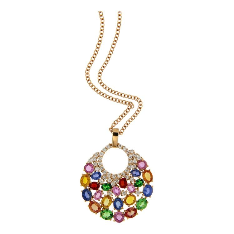 Rose gold necklace with large multi-coloured sapphire and tzavorite pendant