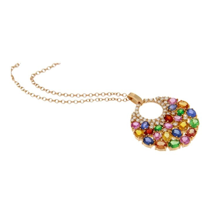 Rose gold necklace with large multi-coloured sapphire and tzavorite pendant - Image 2
