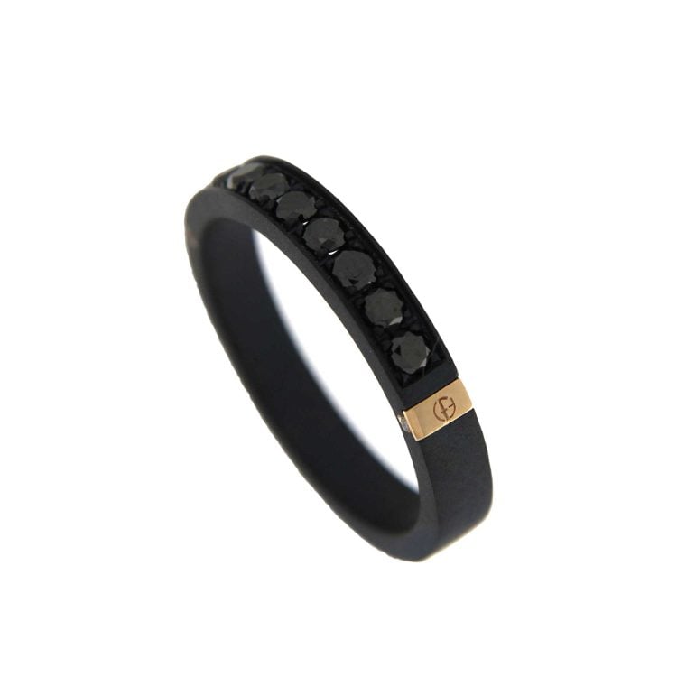 BLACK TITANIUM RING WITH 18CT GOLD OVERLAYS AND 0.67CT BLACK DIAMONDS