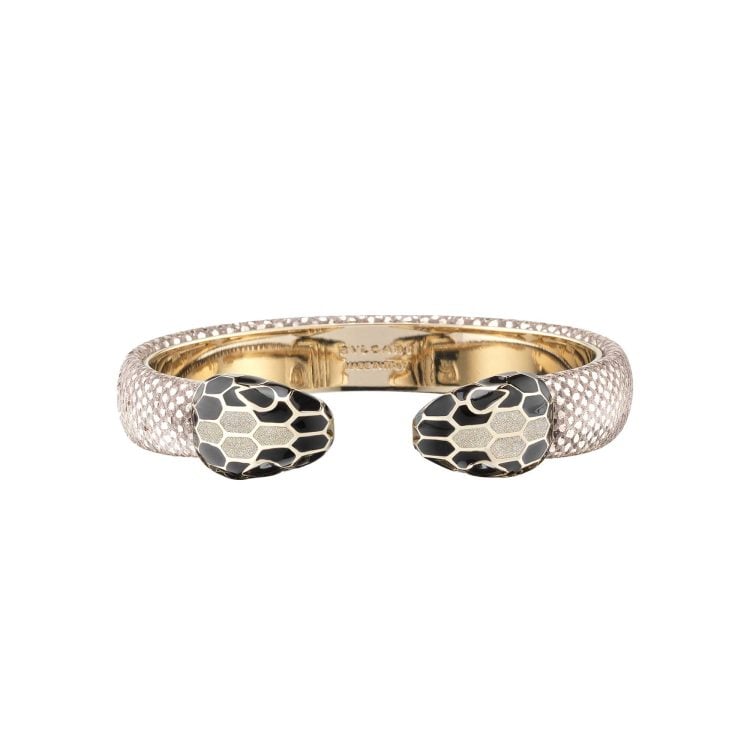 Serpenti Forever Leather bracelet in light gold-plated brass
