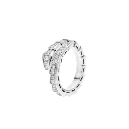 Serpenti Viper one-coil 18 kt white gold ring set with full pavé diamonds