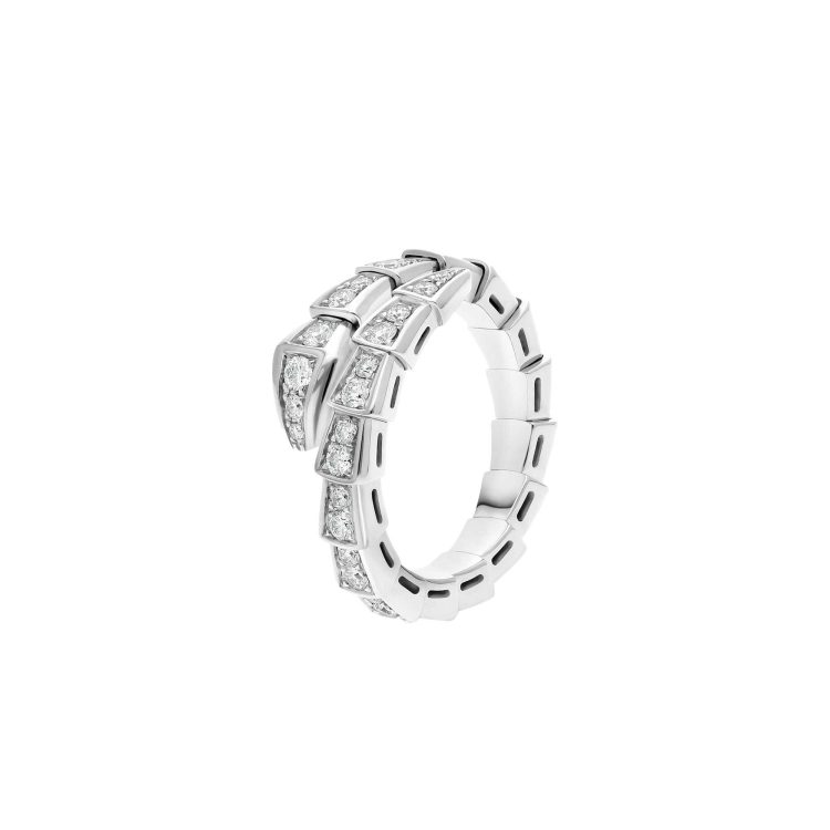Serpenti Viper one-coil 18 kt white gold ring set with full pavé diamonds
