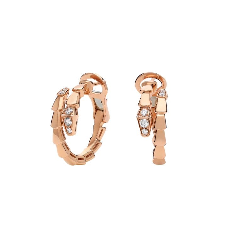 Serpenti Viper 18 kt rose gold hoop earrings set with demi pavé diamonds