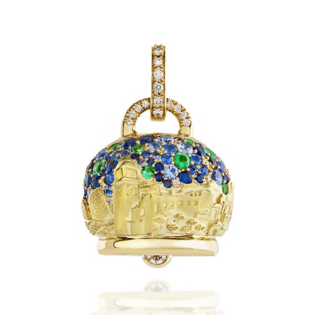 Large Ingrid Bergman Campanella charm in 18kt yellow gold diamonds emeralds blue and light blue sapphires