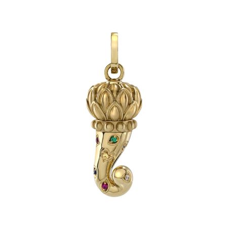 Medium Horn charm in 9kt yellow gold diamonds sapphires emeralds and rubies