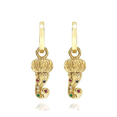 Small Horn earrings in 9kt yellow gold diamonds sapphires emeralds and rubies