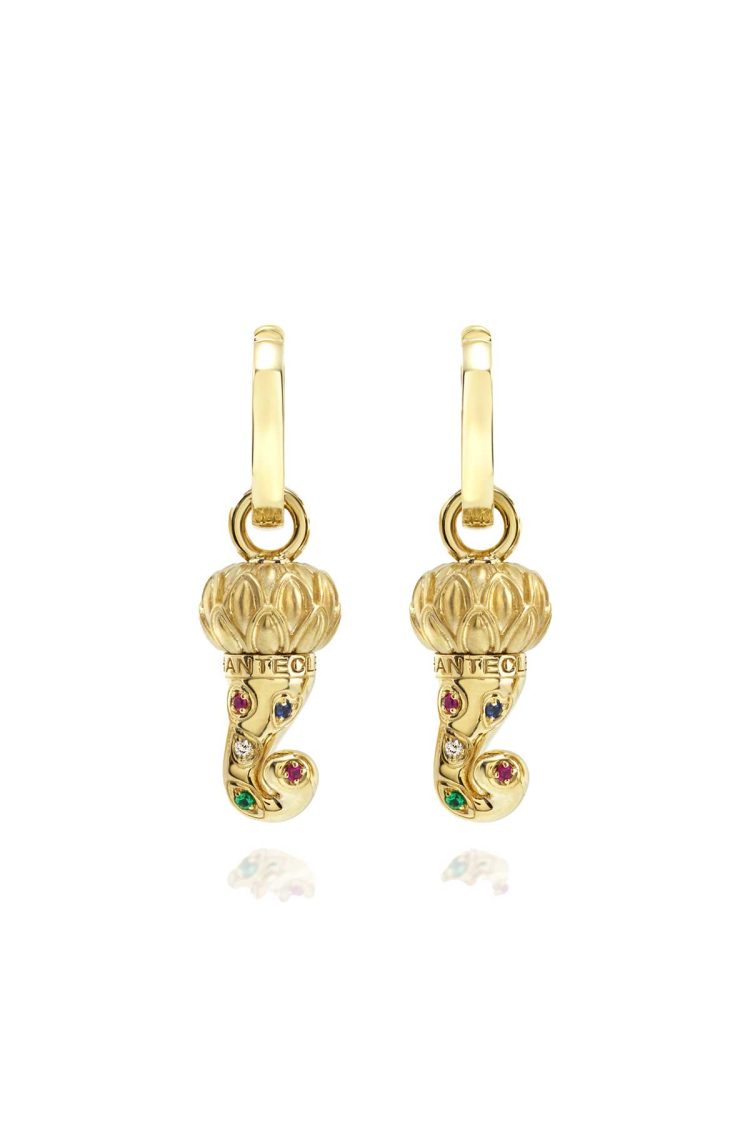Orecchini Corno piccoli in oro giallo 9Kt diamanti zaffiri smeraldi e rubini