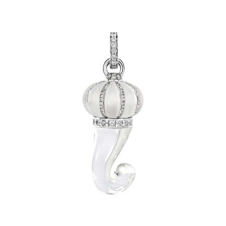 Medium Horn charm in 18kt white gold with diamonds and transparent frosted rock crystal