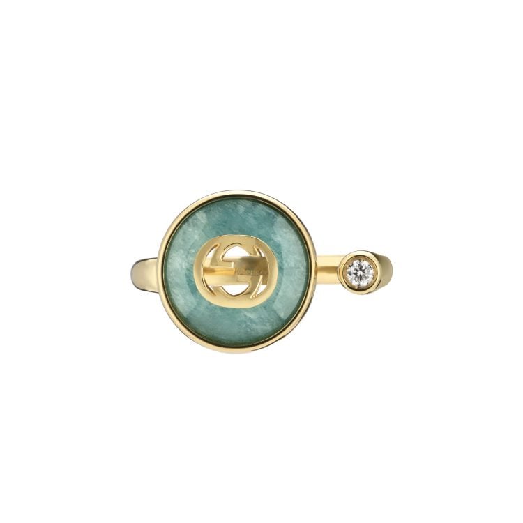 ANELLO GUCCI INTERLOCKING 18 CARATI CON AMAZZONITE E 1 DIAMANTE - immagine 2