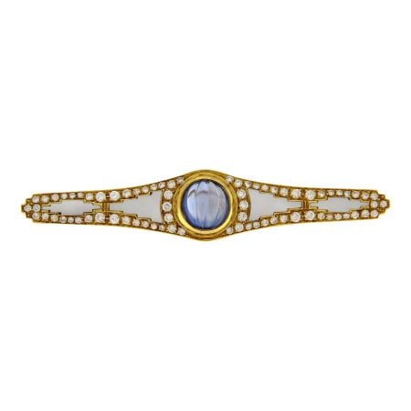 CARLO ILARIO YELLOW GOLD BROOCH WITH MOTHER-OF-PEARL CABOCHON SAPPHIRE AND DIAMONDS