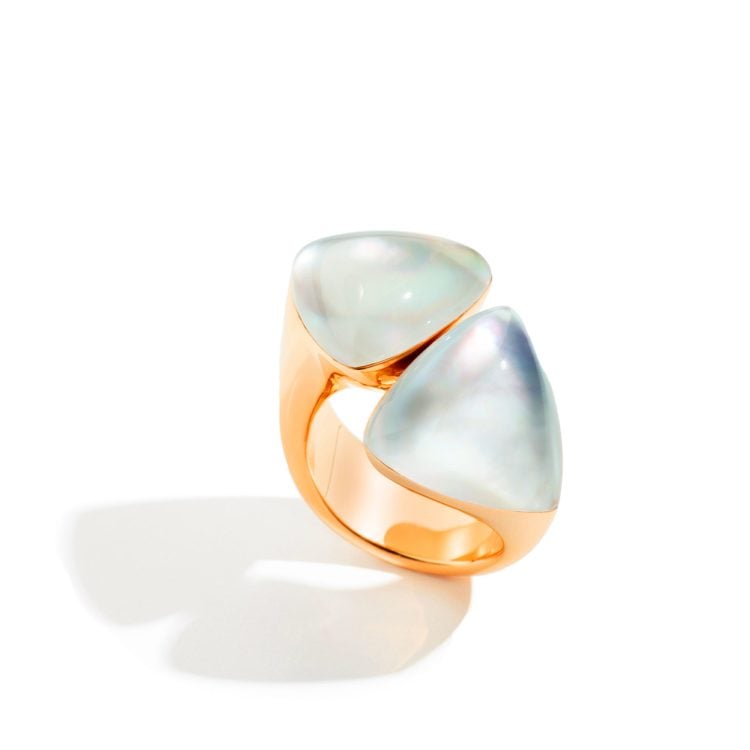 Anello Freccia in oro rosa con 2  pietre madreperla e cristallo di rocca