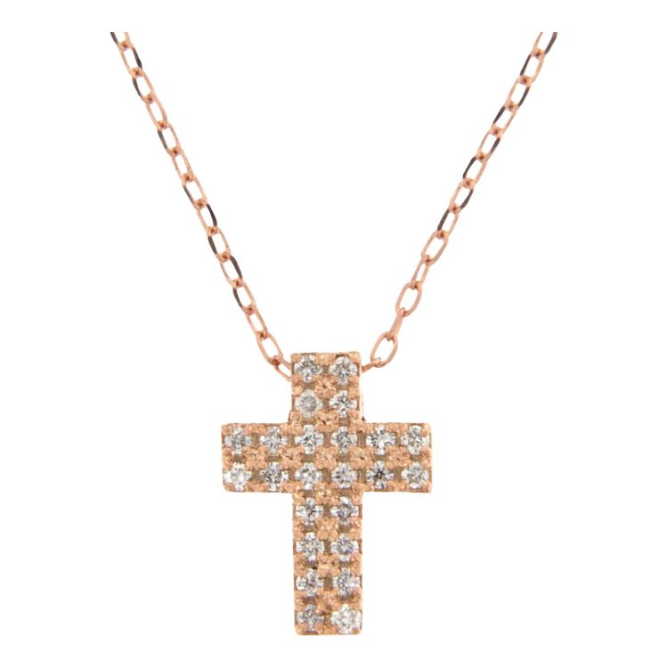 Collana oro rosa 18 ct con croce brillanti di 0,10 ct