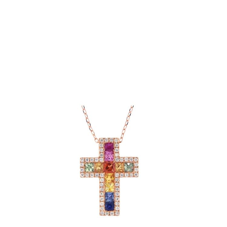 I Gioielli del Sole Collana oro rosa con croce brillanti 0,15 ct e baguette zaffiri multicolor 0,69 ct