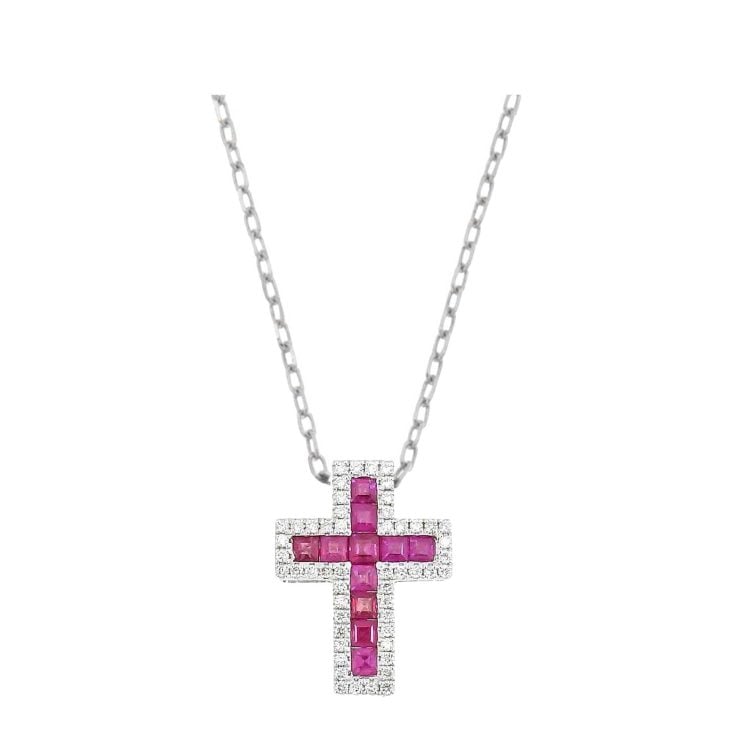 I Gioielli del Sole Collana oro bianco con croce brillanti 0,26 ct e baguette rubini 0,77 ct