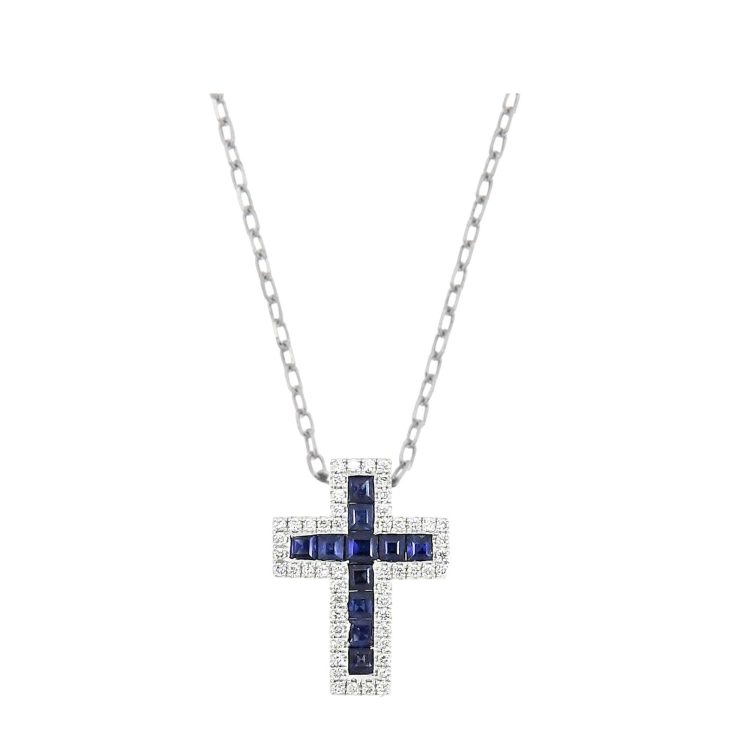 I Gioielli del Sole Collana oro bianco con croce brillanti 0,26 ct e baguette zaffiri ct.0,75