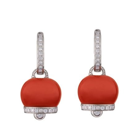 Orecchini Campanella medi in oro bianco 18Kt diamanti e corallo rosso