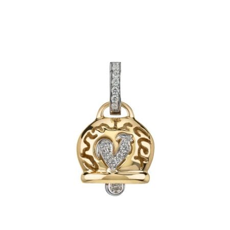 Ciondolo Campanella medio in oro giallo 18Kt diamanti e gallo in pavé di diamanti