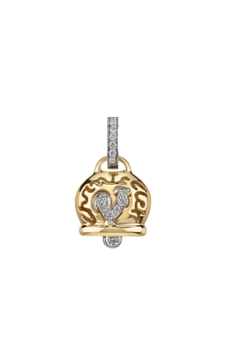 Ciondolo Campanella medio in oro giallo 18Kt diamanti e gallo in pavé di diamanti