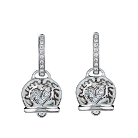 Orecchini Campanella medi in oro bianco 18Kt diamanti e gallo in pavé di diamanti