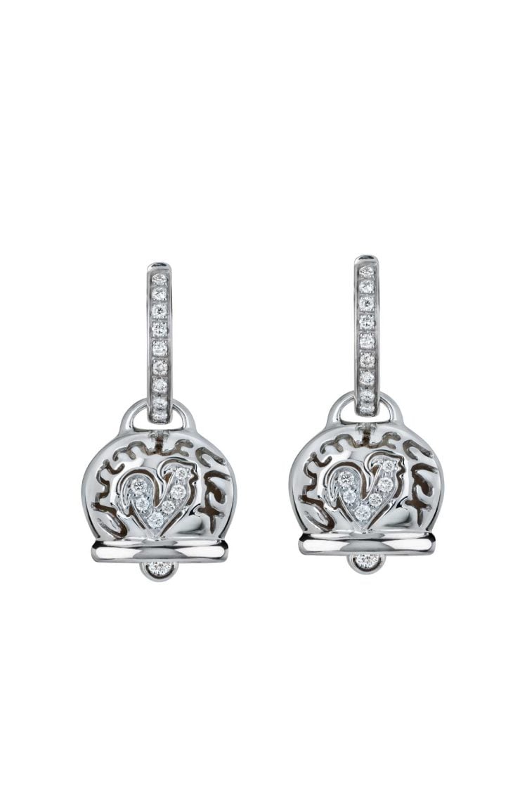Medium Campanella earrings in 18Kt white gold diamonds and diamond pave rooster