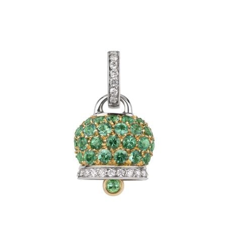 Ciondolo Campanella medio in oro giallo e bianco 18Kt diamanti e pavé di smeraldi