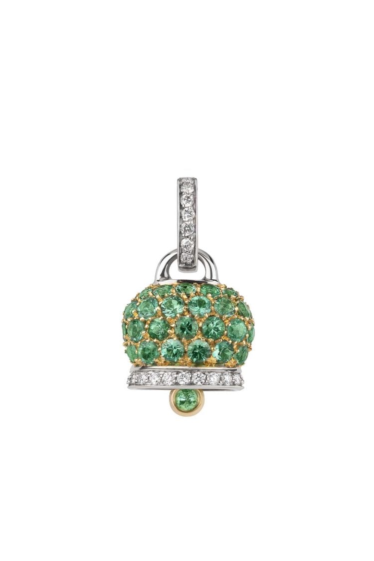 Ciondolo Campanella medio in oro giallo e bianco 18Kt diamanti e pavé di smeraldi