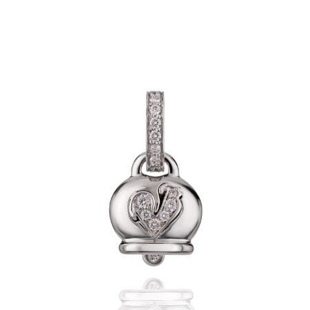 Ciondolo Campanella piccolo in oro bianco 18Kt diamanti e gallo in pavé di diamanti