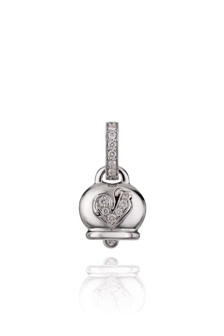 Small bell pendant in 18Kt white gold diamonds and diamond pave rooster