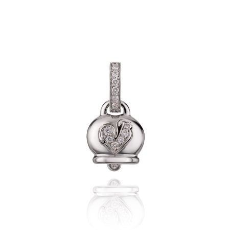 Small bell pendant in 18Kt white gold diamonds and diamond pave rooster