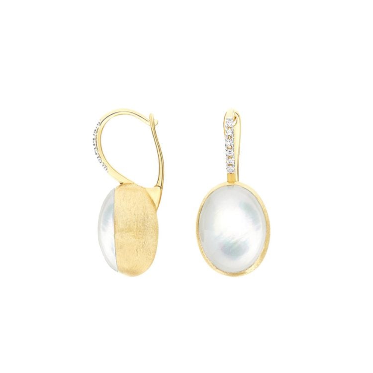 ORECCHINI BOULES CILIEGINE MEDI DOLCEVITA IN ORO DIAMANTI MADREPERLA E CRISTALLO DI ROCCA