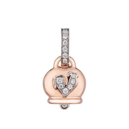 Ciondolo Campanella piccolo in oro rosa 18Kt diamanti e gallo in pavé di diamanti