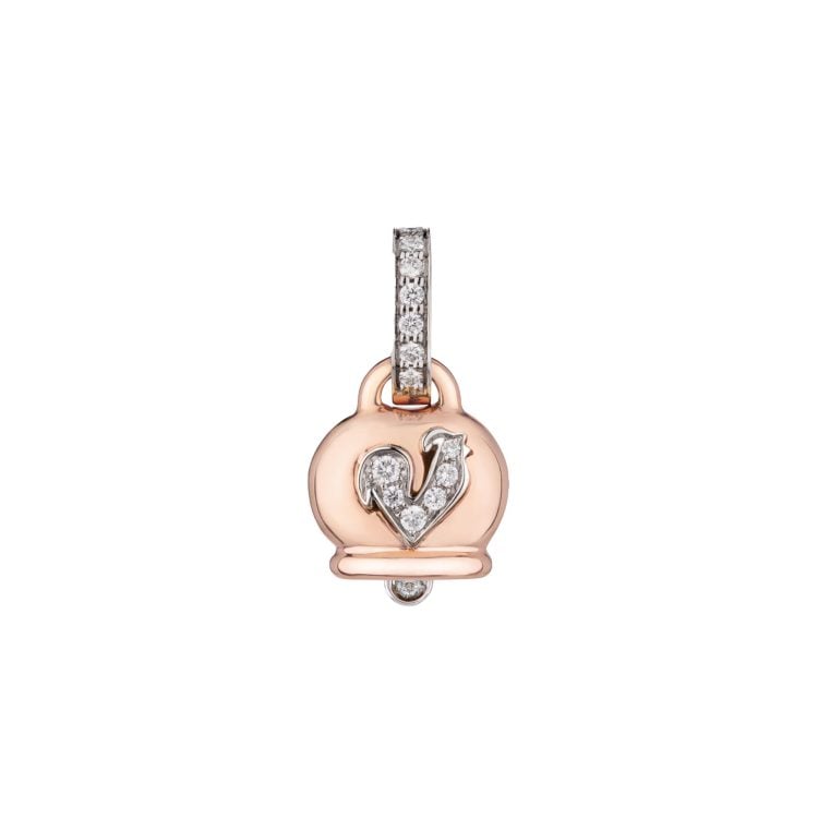 Ciondolo Campanella piccolo in oro rosa 18Kt diamanti e gallo in pavé di diamanti