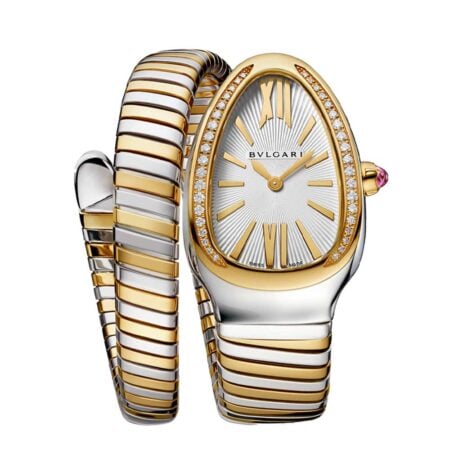 Serpenti Tubogas single-spiral watch withyellow gold stainless steel case set with diamonds white opaline dial