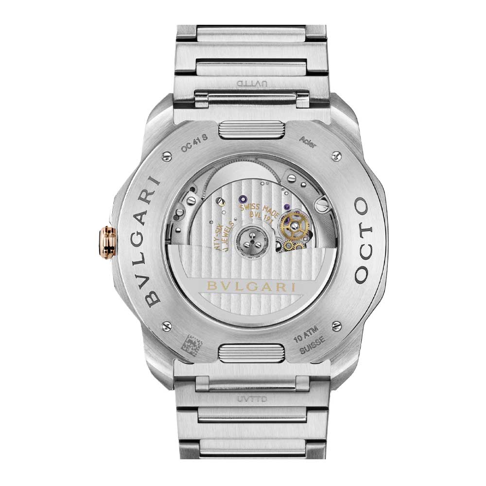 Octo Roma watch stainless steel case and bracelet rose gold bezel and blue Clous de Paris dial - Image 2