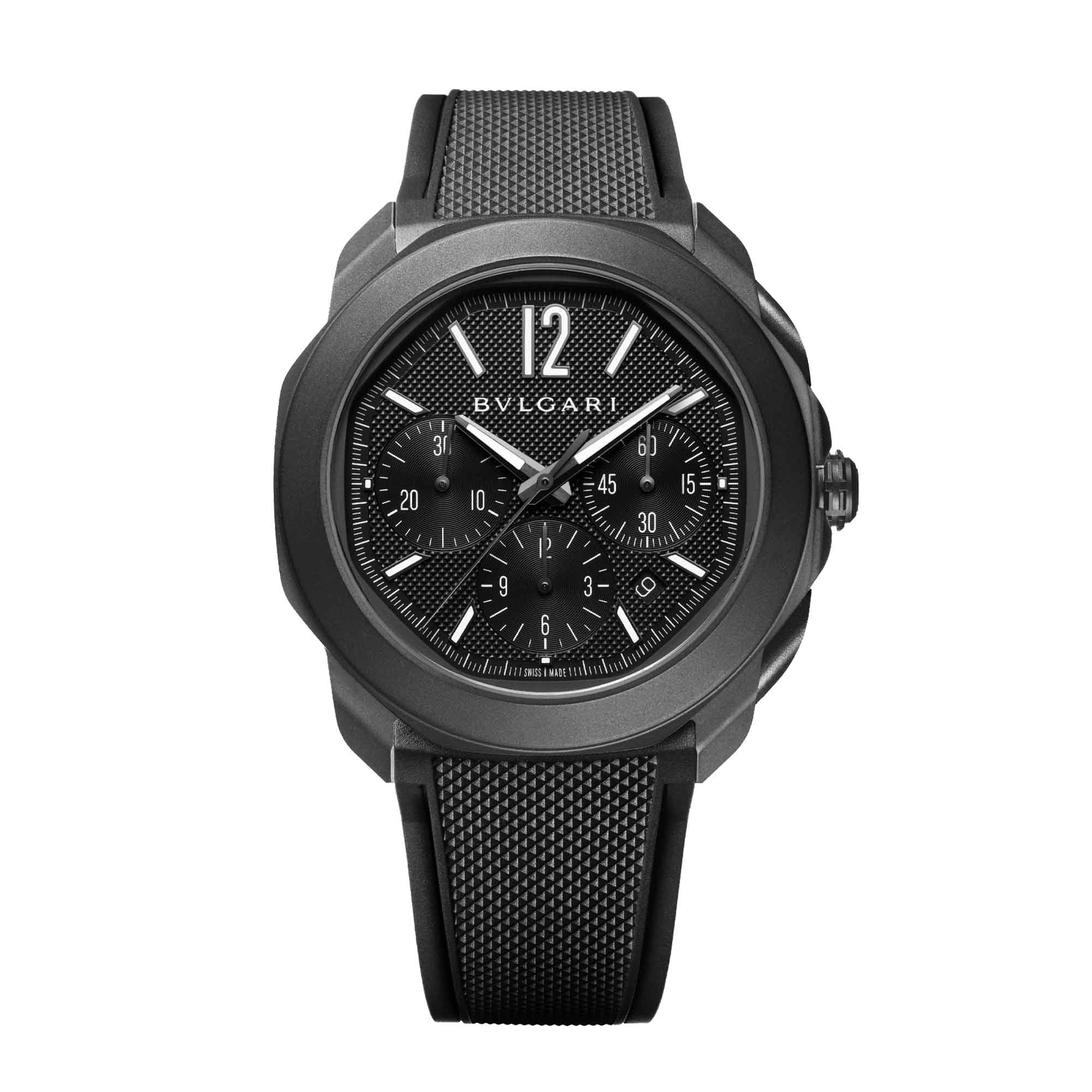 Octo Roma automatic watch stainless steel case with black DLC treatment and black Clous de Paris dial