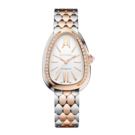 Serpenti Seduttori rose gold watch stainless steel with diamond-set bezel and white opaline dial