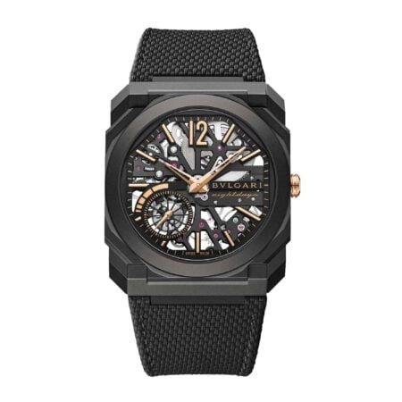 Orologio Octo Finissimo Skeleton 8 Days quadrante scheletrato, lancette e indici placcati oro rosa, cinturino in caucciù nero