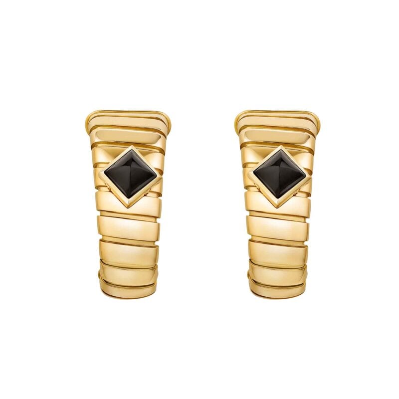 Orecchini Bvlgari Tubogas a cerchio oro giallo borchie onice nera